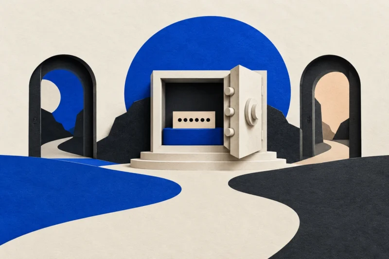 Cobalt paper password vault between two doorways representing different destinations