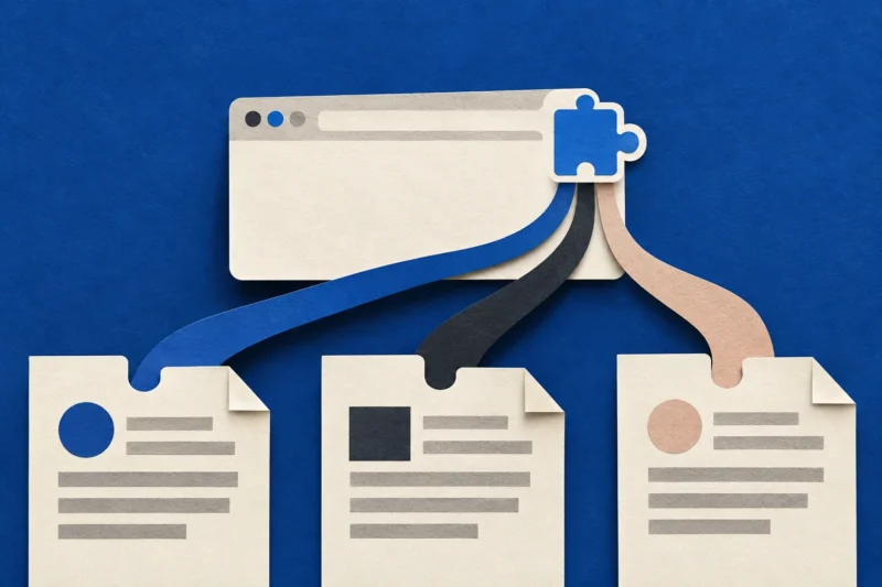 Cobalt paper browser extension connected by ribbons to three separate documents