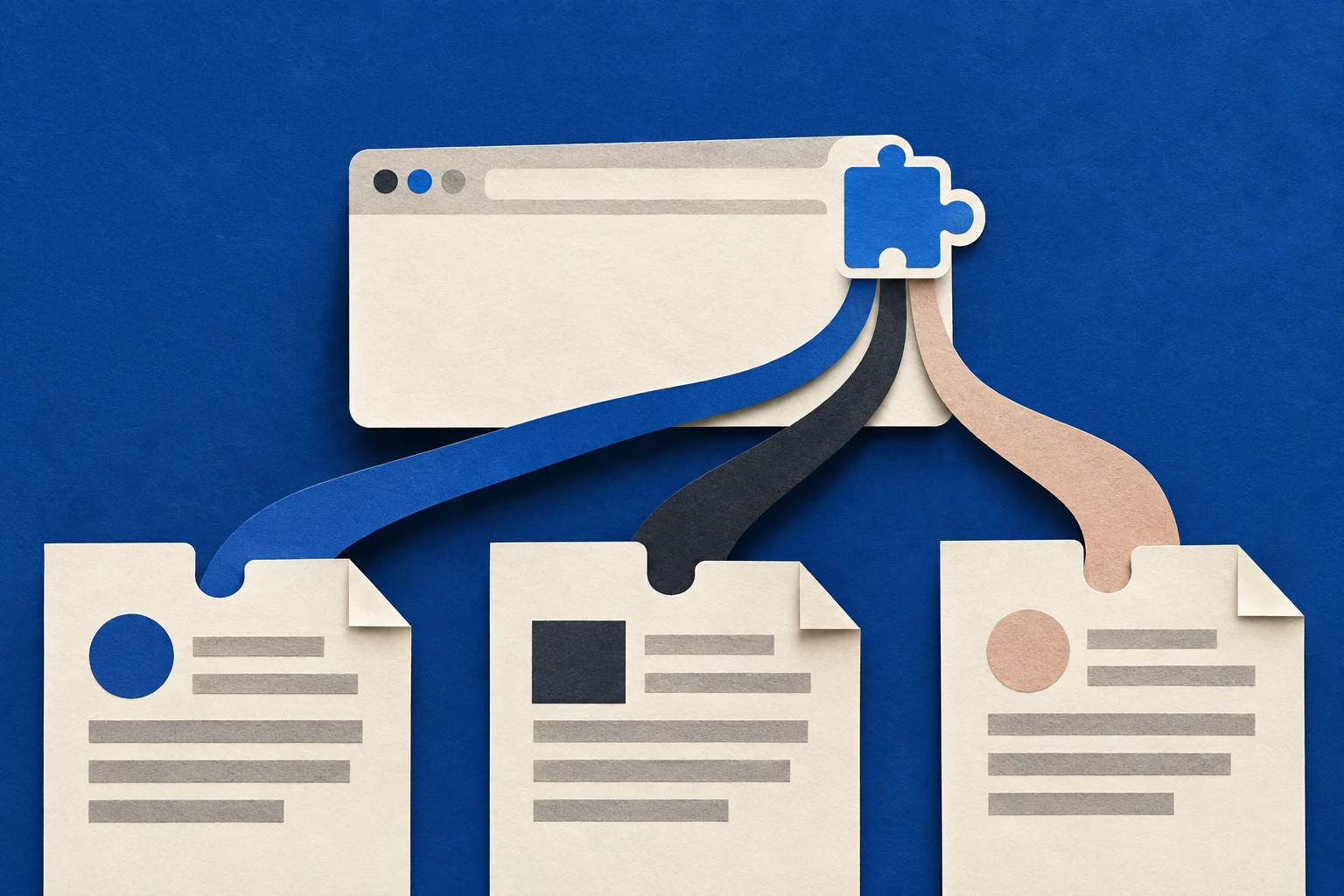 Cobalt paper browser extension connected by ribbons to three separate documents