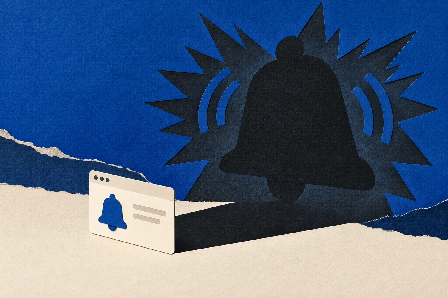 Cobalt paper collage of a small website notification casting an oversized warning shadow