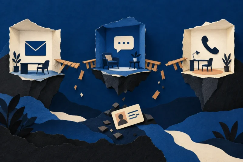 Cobalt paper collage of three communication rooms connected by separate narrow bridges