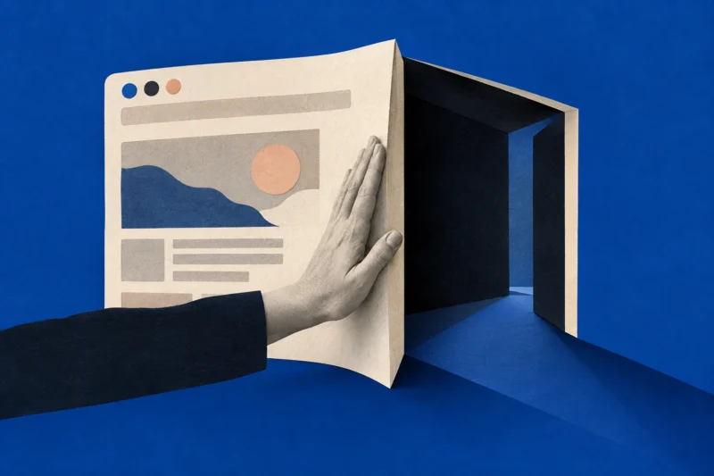 Cobalt paper collage of a browser window opening into a terminal-like doorway while a hand pauses at the boundary