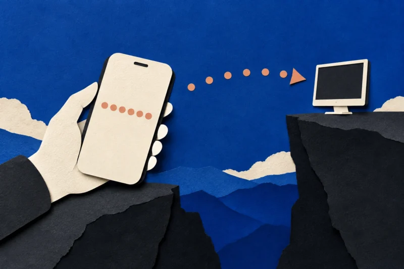 Cobalt paper collage showing a code linking a phone to an unfamiliar distant computer