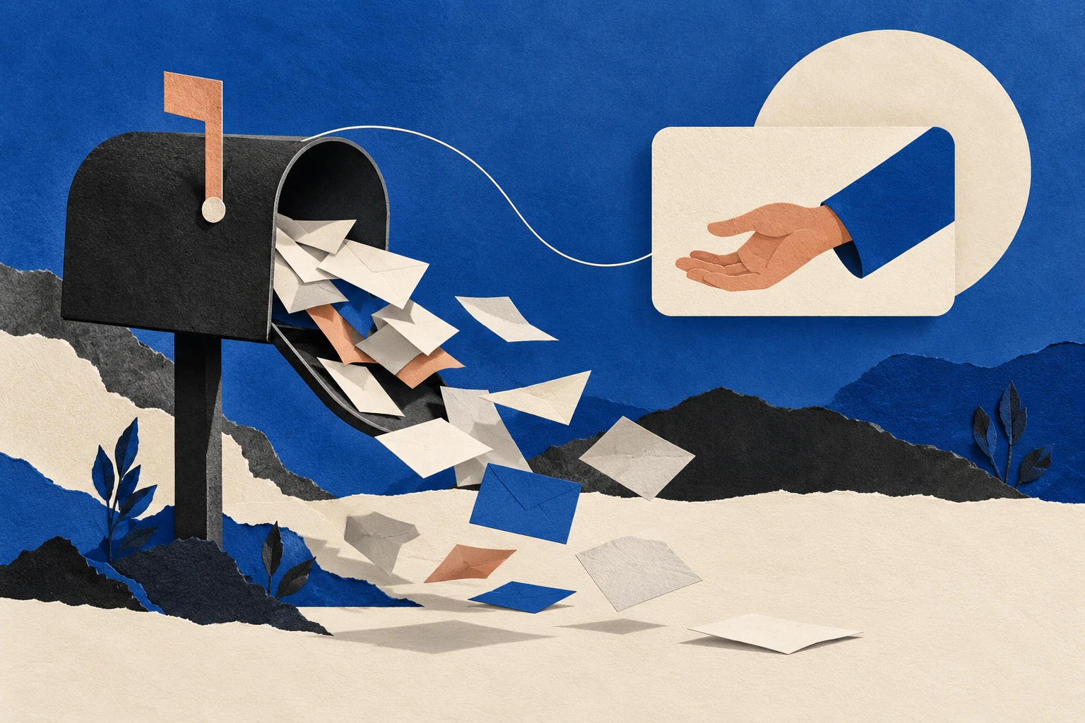 Cobalt paper collage of an overflowing mailbox connected to a screen showing an offered helping hand