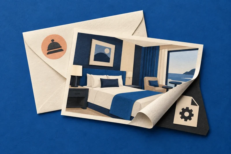 Paper hotel-room photograph peeling back to reveal an executable-file symbol beside a guest envelope