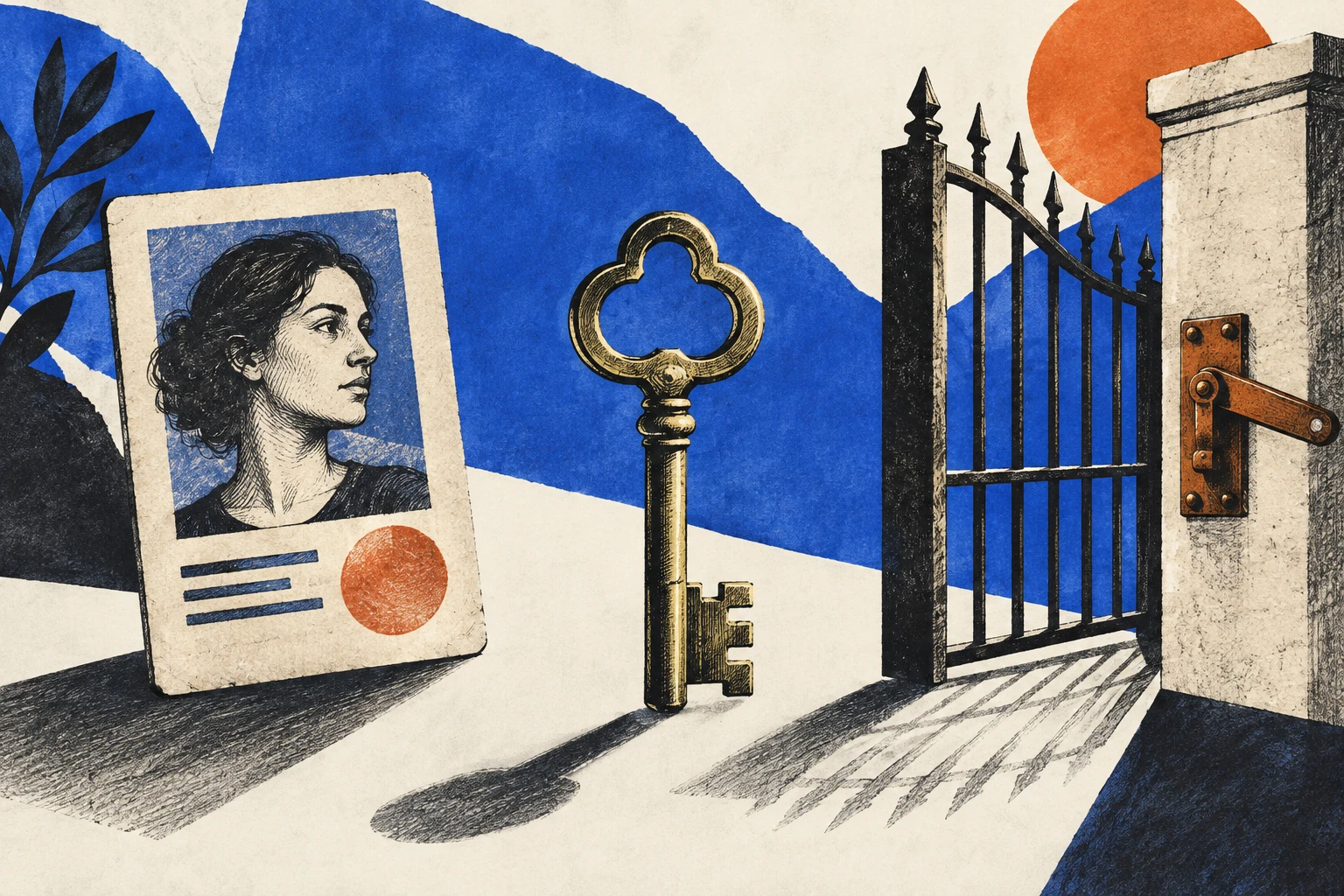 Editorial print illustration separating identity, an authentication key and the action beyond a gate.