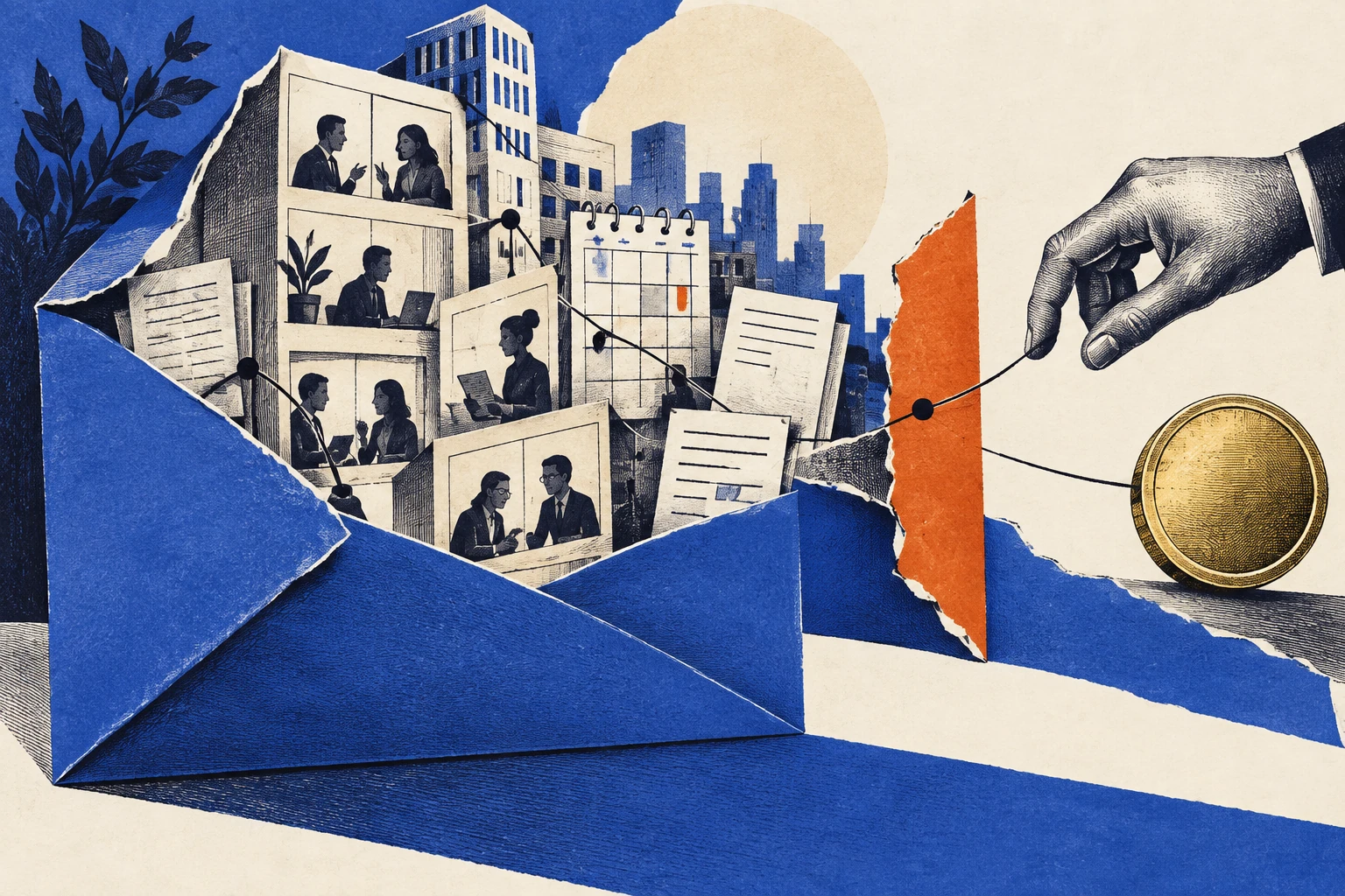 Ink-and-paper collage of an open envelope connected to an abstract network of relationships.