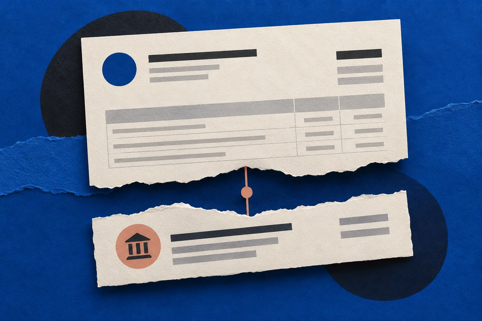 Cobalt paper invoice crossing toward a changed bank destination marked in clay red
