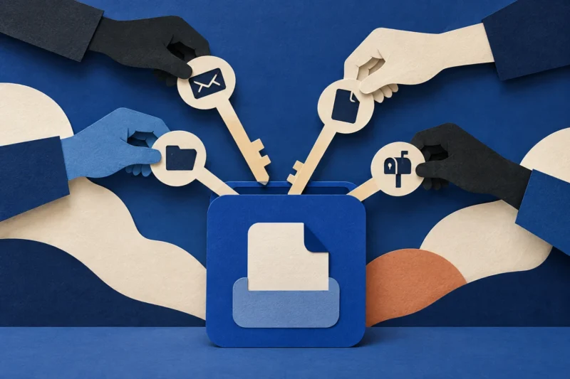 Cobalt paper collage of an application receiving several permission keys linked to mail and files