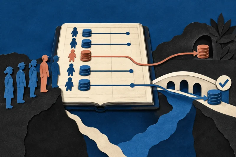 Paper collage of a payroll ledger with one payment diverted toward a different destination
