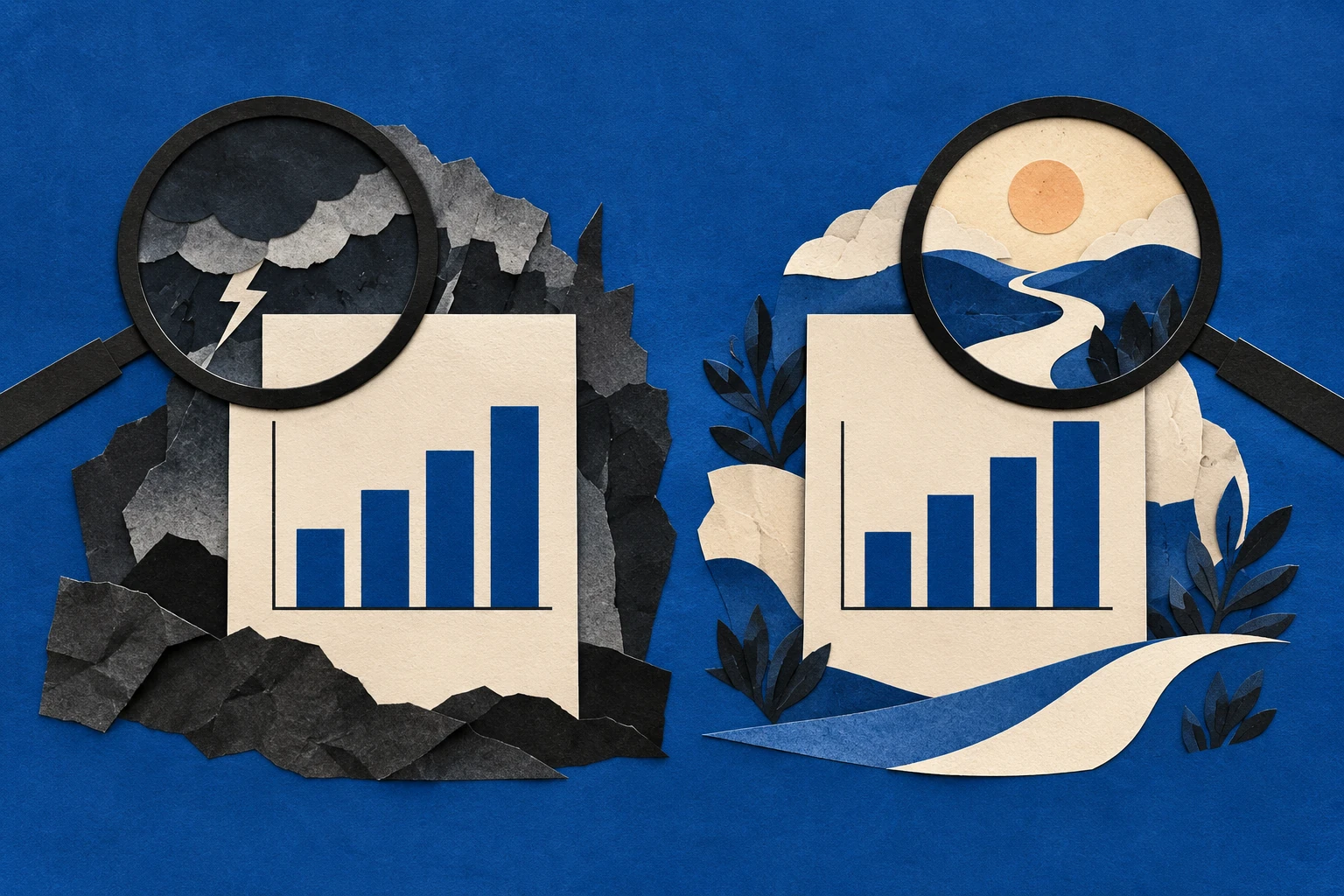 Cobalt paper collage of two different phishing scenarios beside charts that cannot be compared without context
