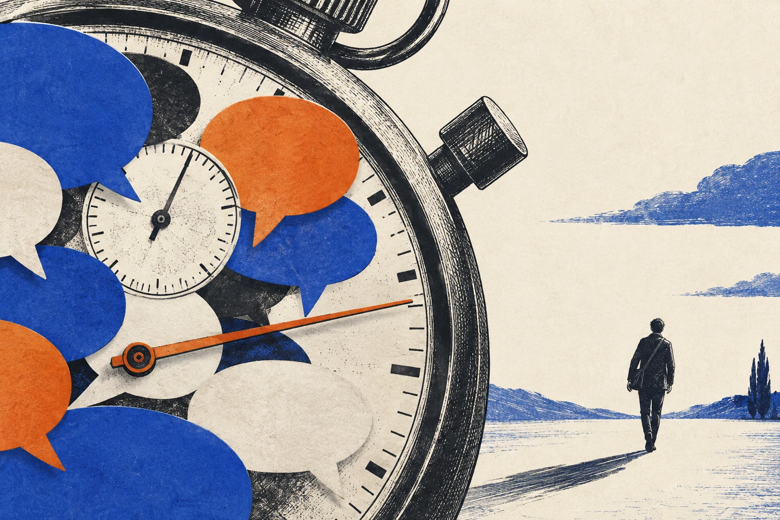 Non-pixel editorial collage of a large stopwatch crowded by speech bubbles and a figure walking into open space.