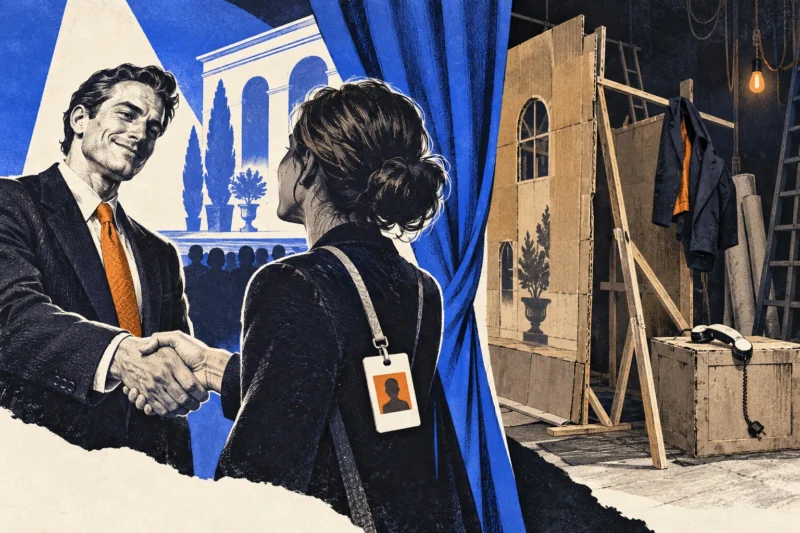 Editorial ink-and-paper collage revealing the stage set behind a confident handshake and visitor badge.