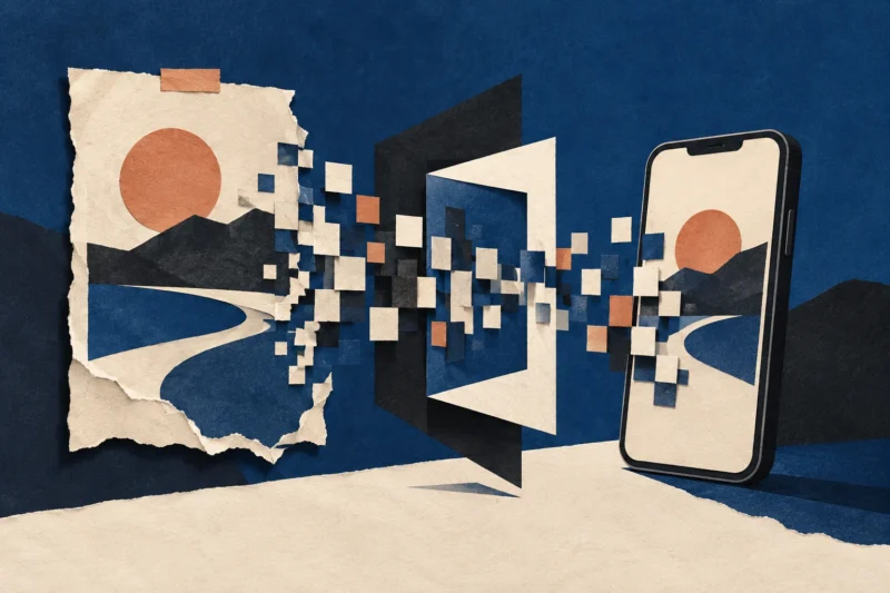 Cobalt paper collage of a physical sign and a phone separated by a visible trust boundary