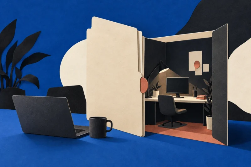 Cobalt editorial collage separating a recruitment conversation from an isolated coding workspace