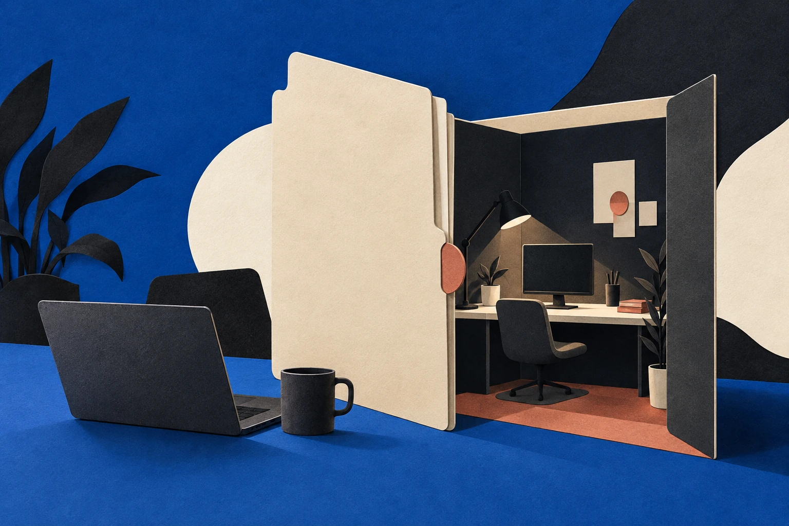 Cobalt editorial collage separating a recruitment conversation from an isolated coding workspace