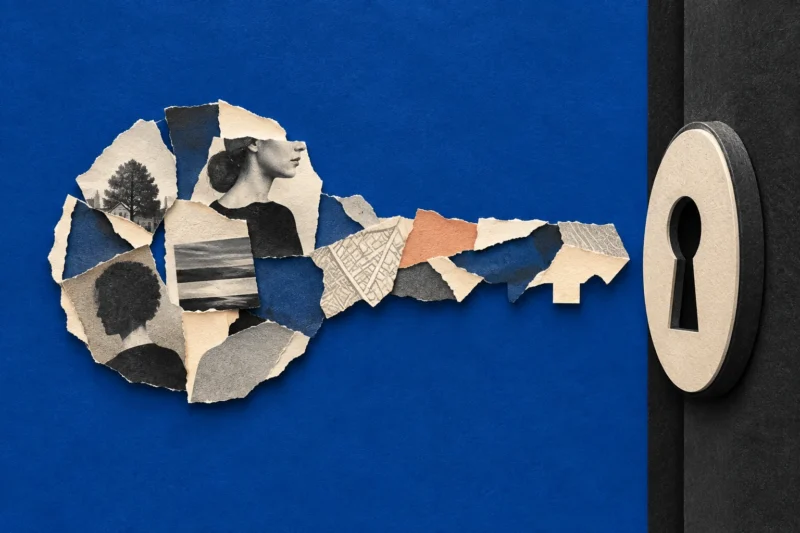 Paper key made of biographical photographs and map fragments pointing toward a keyhole