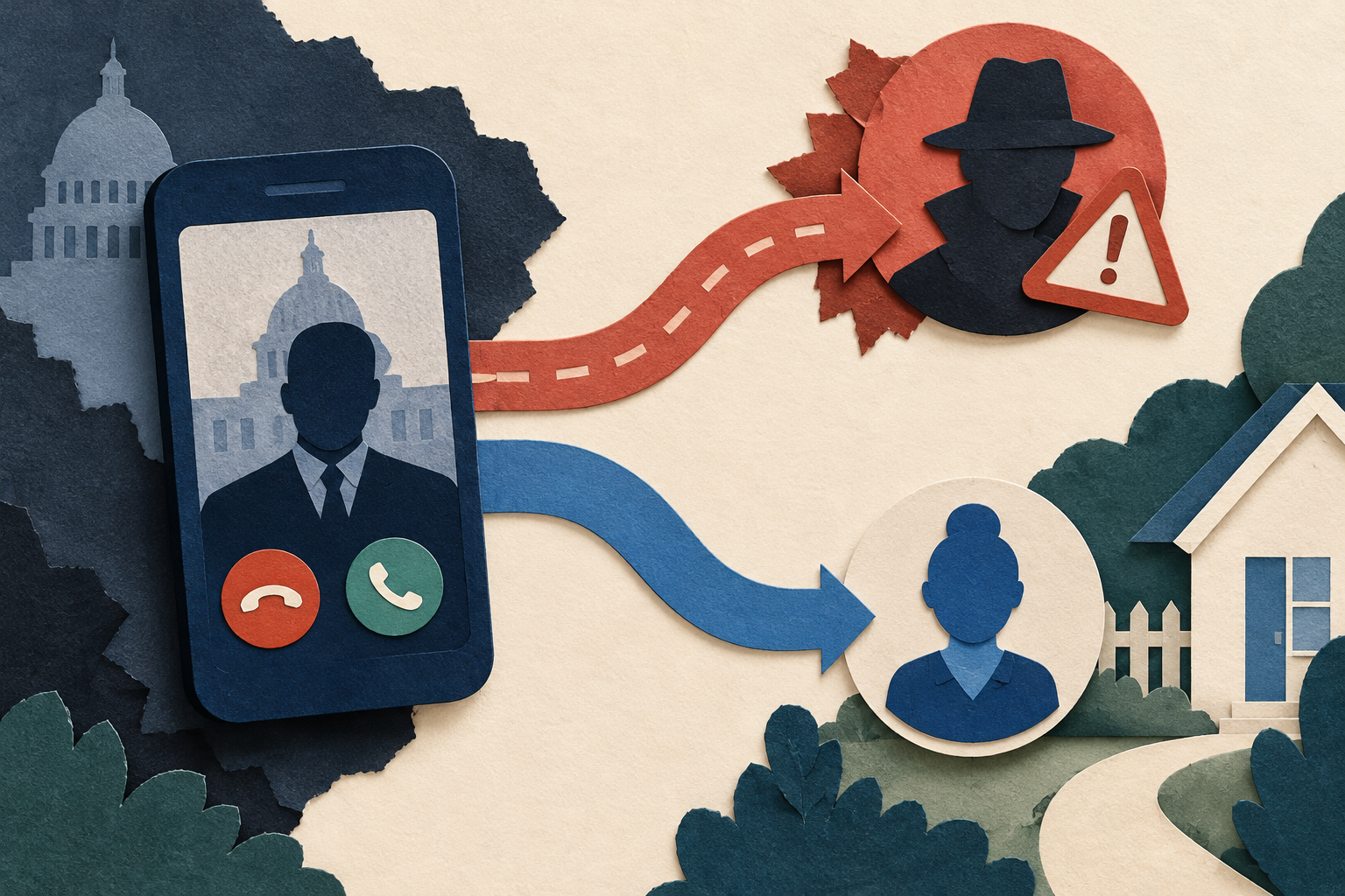 Cut-paper collage showing a government-impersonation call and a separate trusted verification route