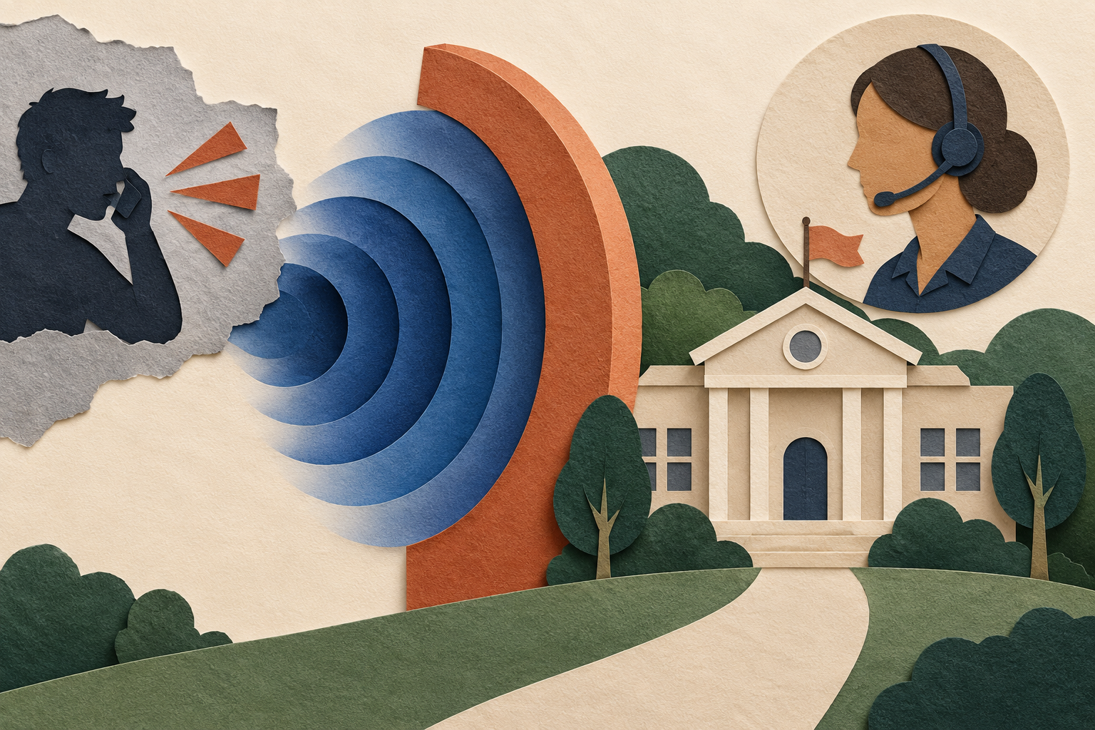 Cut-paper collage of a school, an emergency alert ripple and a calm community response