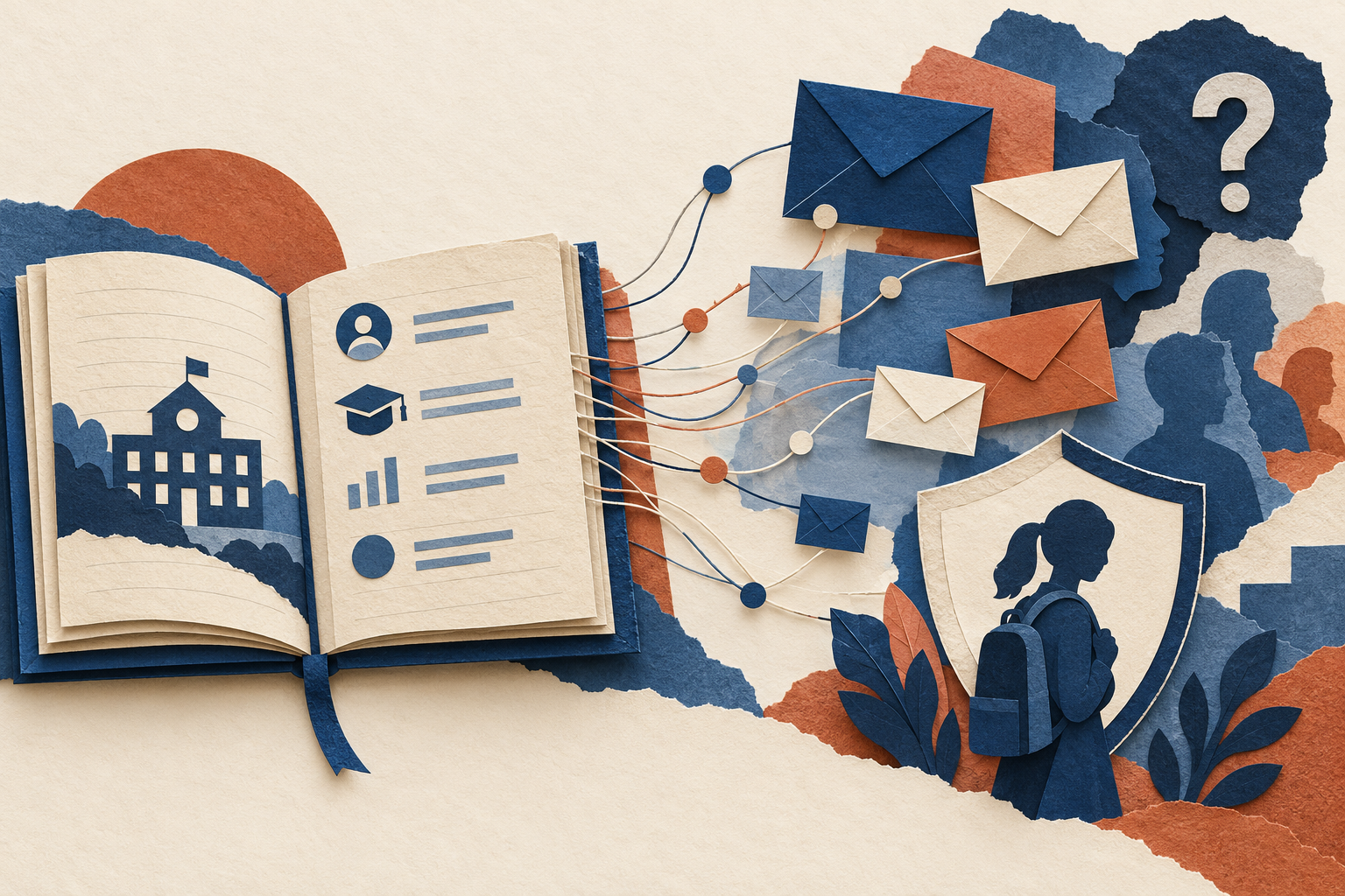 Layered paper illustration of a learning platform, student notebook and follow-up messages