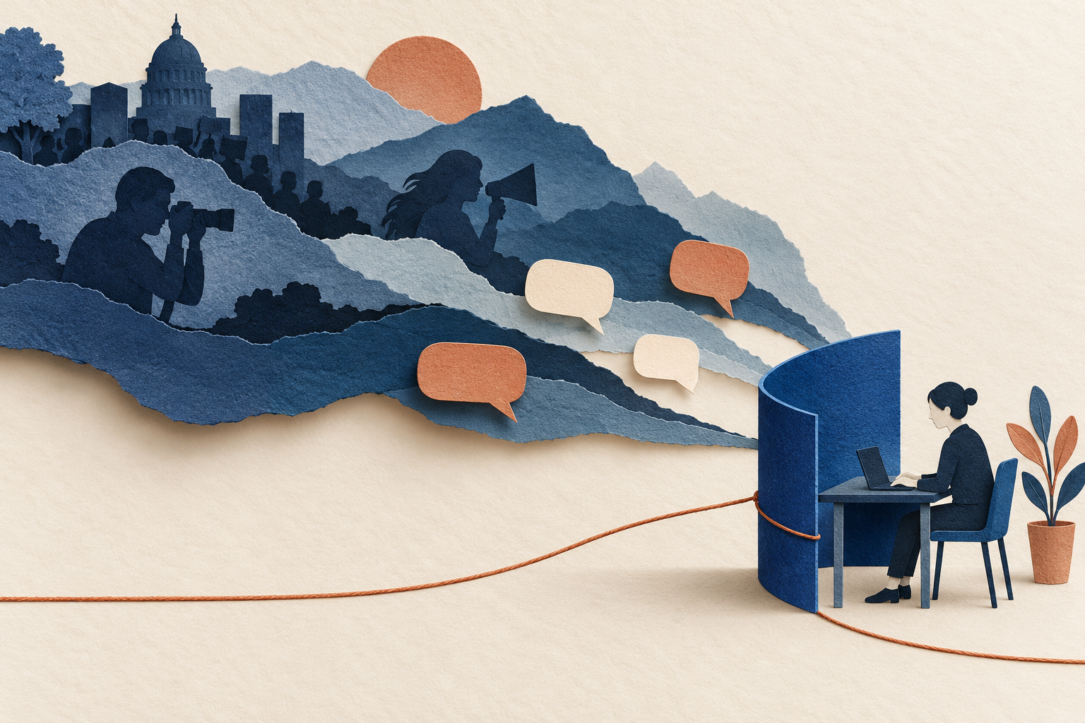 Cut-paper editorial illustration of a journalist receiving messages behind a privacy screen