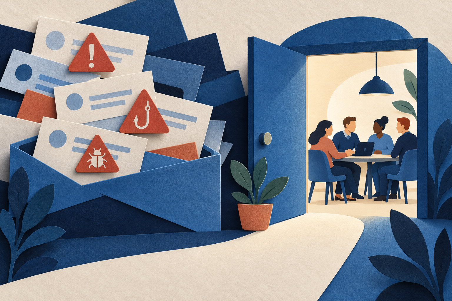 Paper collage showing workplace messages and a clear route to report a suspicious contact