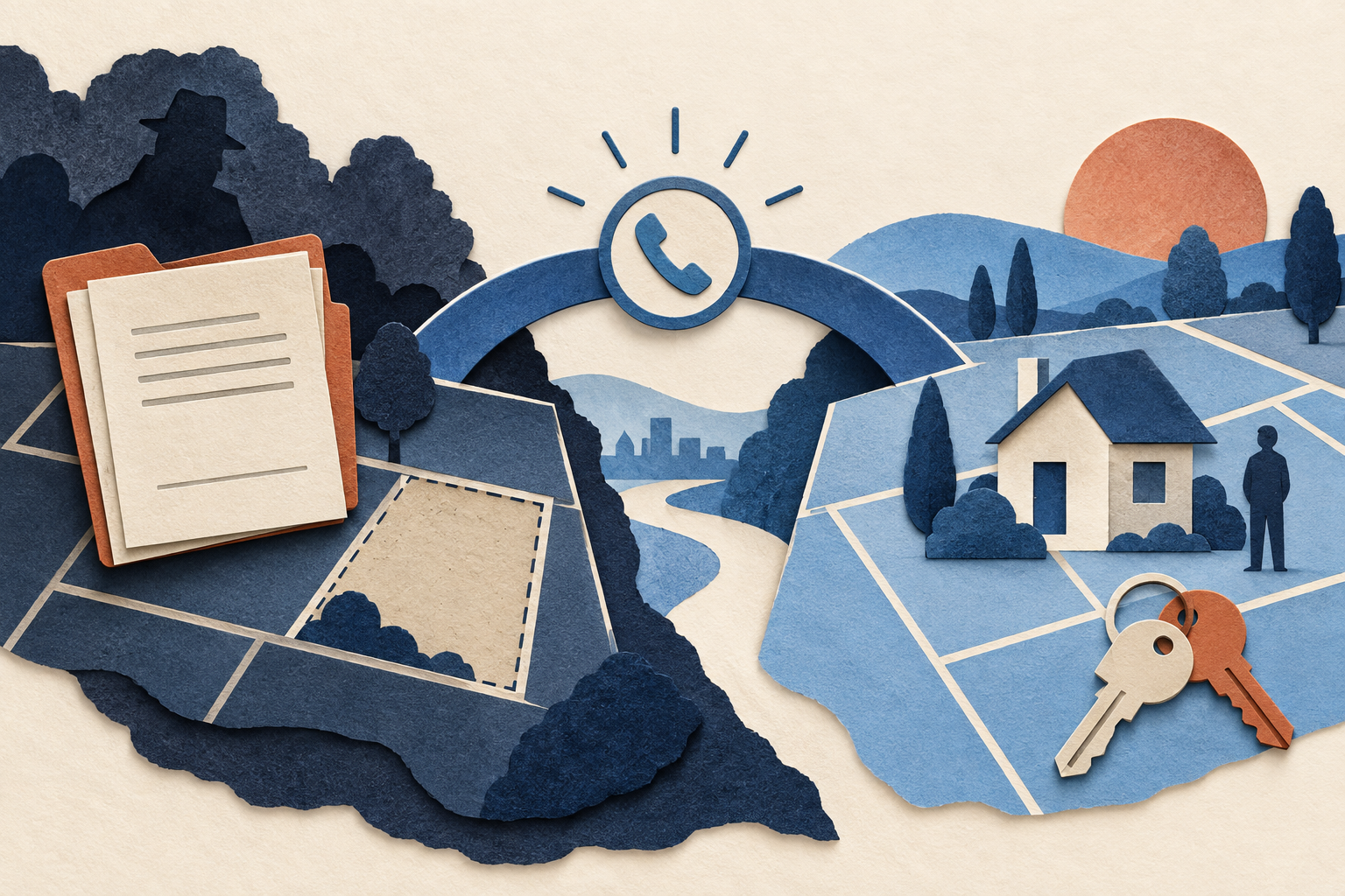 Cut-paper map, contract and keys illustrating identity checks in a vacant-land transaction