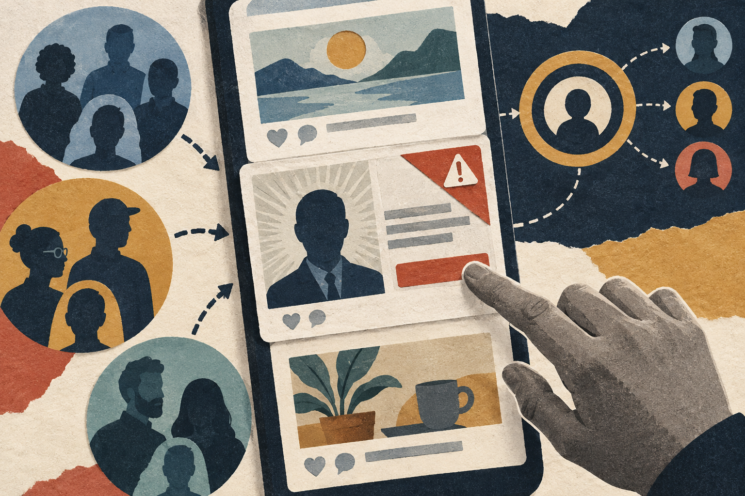 Cut-paper illustration of an impersonation ad targeted through a social feed, with a viewer pausing before tapping