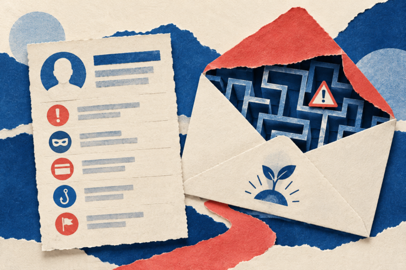 Warm ivory, cobalt, and coral paper collage: a public scam-report card beside a recovery message opening into a maze and warning sign