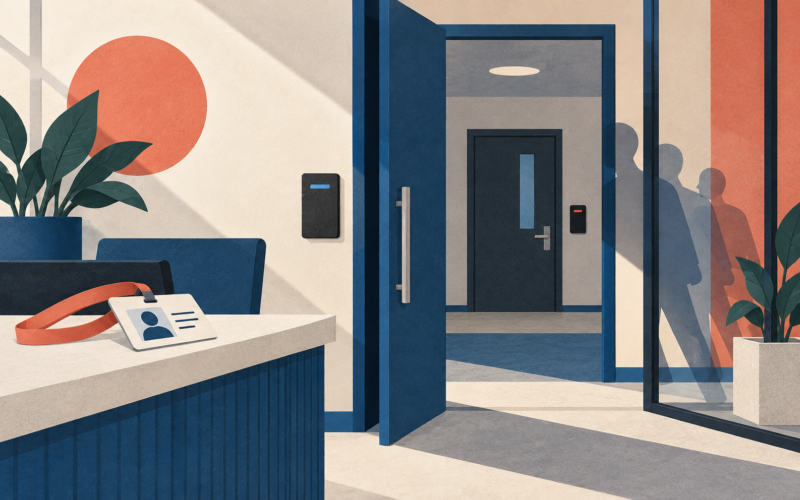 Paper-cut illustration of a visitor badge and access-controlled office doorway
