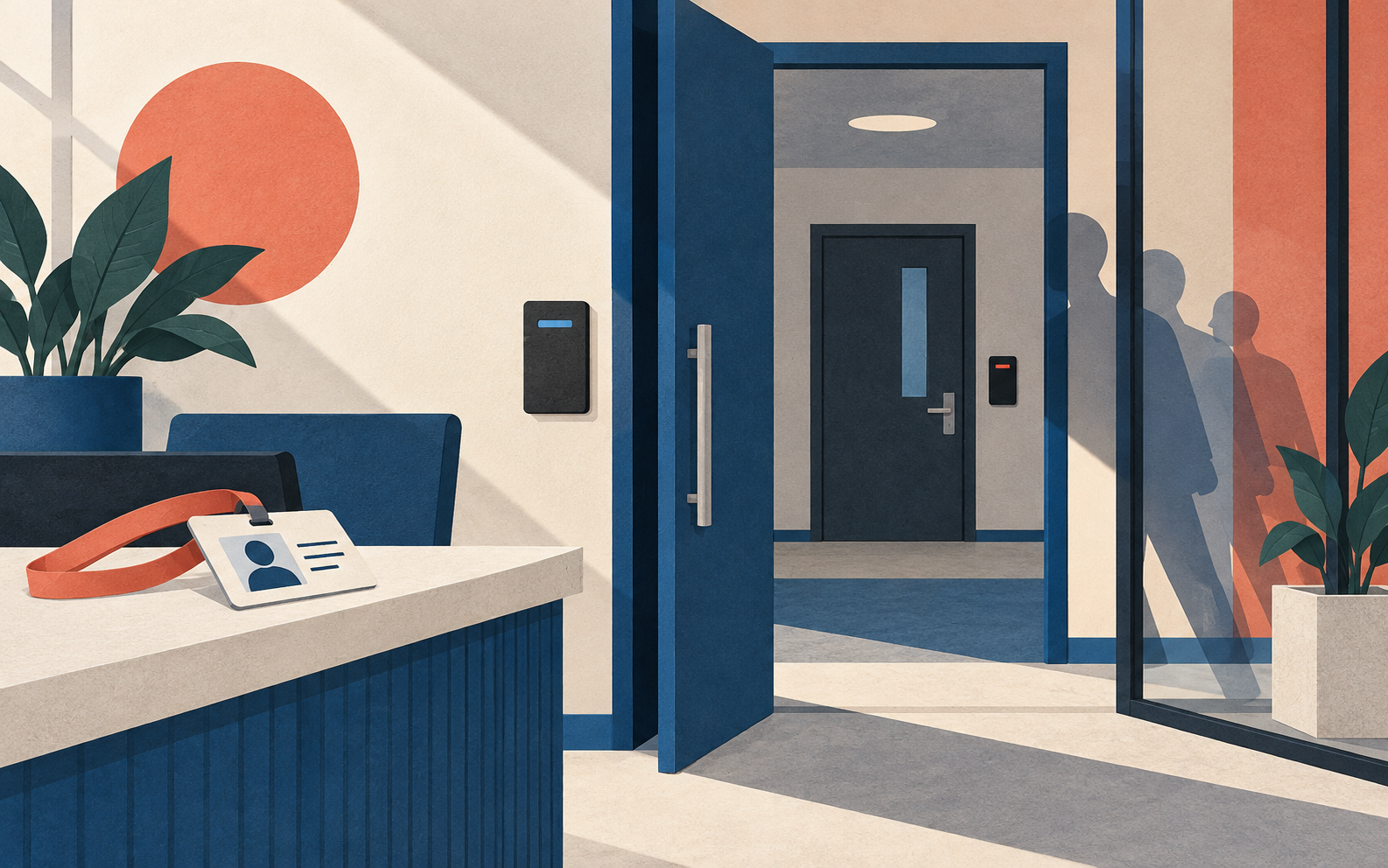 Paper-cut illustration of a visitor badge and access-controlled office doorway