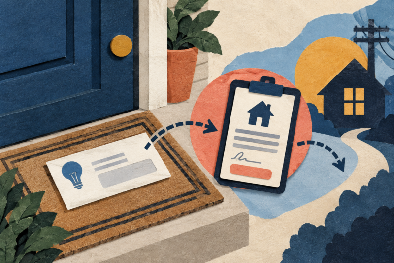 Cut-paper collage of a utility bill and an unfamiliar energy-supplier contract at a doorstep