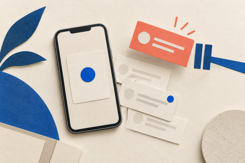 Cut-paper illustration of a phone beside unexpected authentication notifications