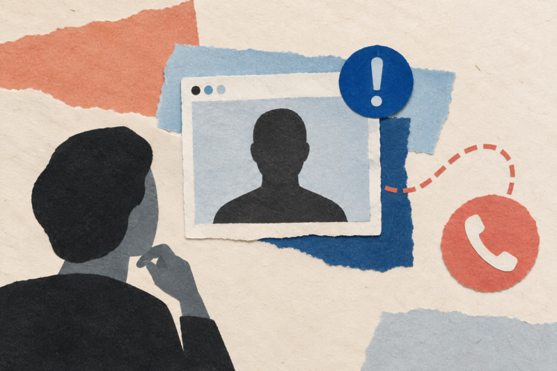 Cut-paper illustration of a video-call identity warning and an independent phone verification path