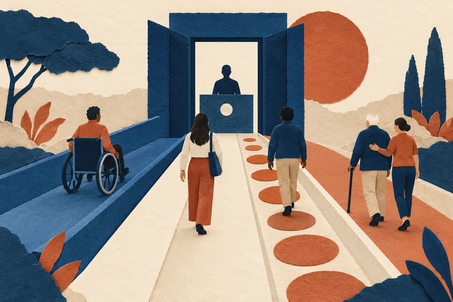 Cobalt paper doorway with several equally clear accessible paths to the same identity checkpoint.