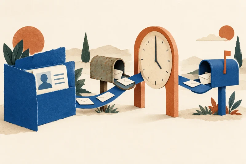 Cobalt paper identity folder linked to old and new mailboxes with a clock-shaped pause between them.