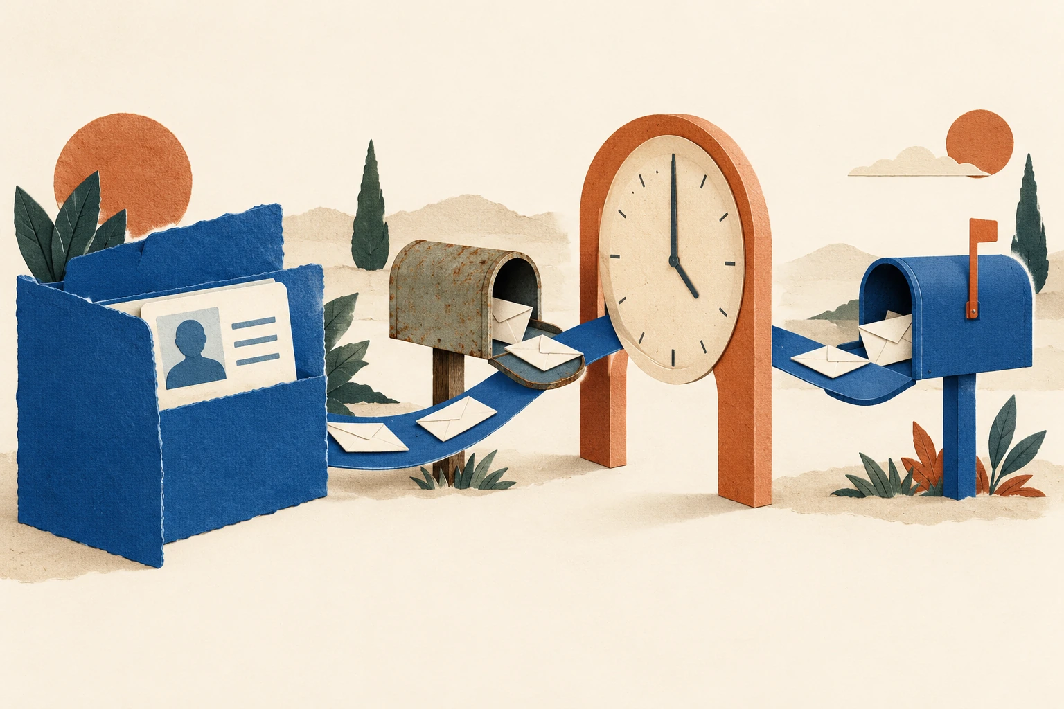 Cobalt paper identity folder linked to old and new mailboxes with a clock-shaped pause between them.