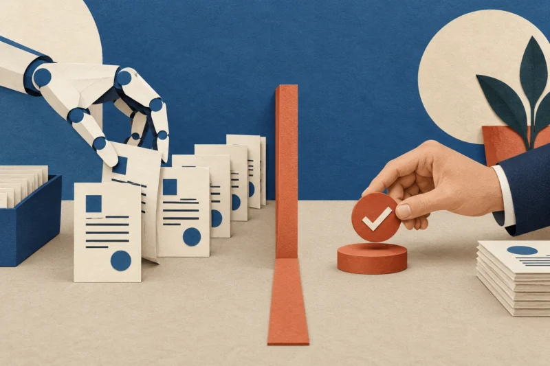 Cream and cobalt paper robotic hand arranging invoices before a separate human approval threshold.