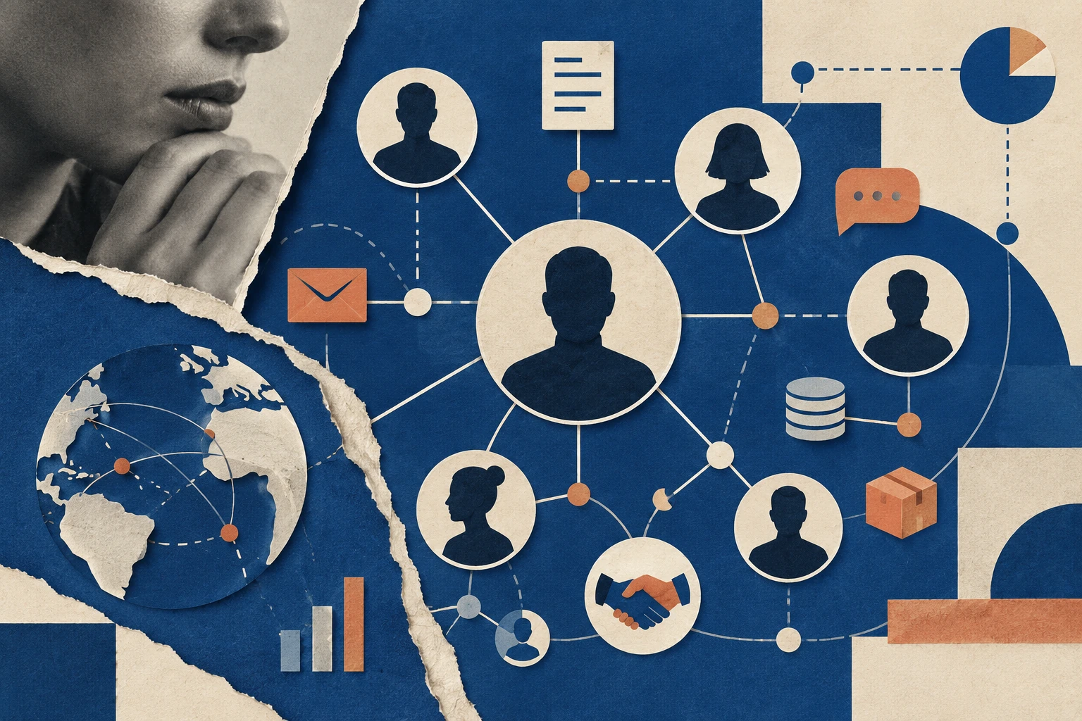 Cobalt and cream paper collage showing a cropped message over a larger hidden transaction map.