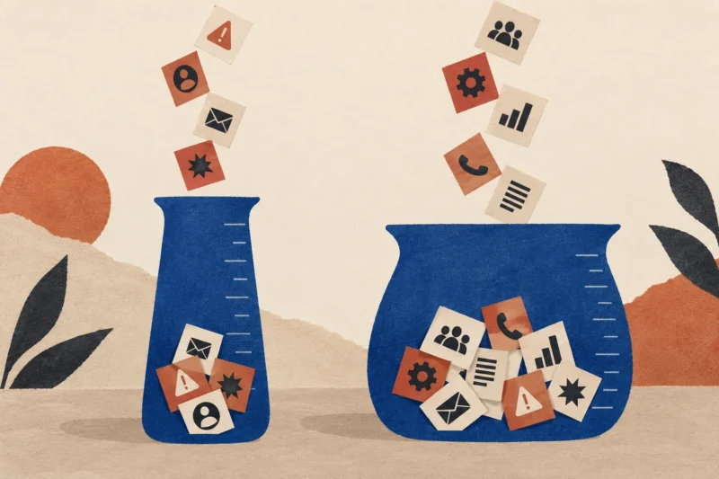 Cobalt paper measuring jars with different openings catching different sets of incident cards.
