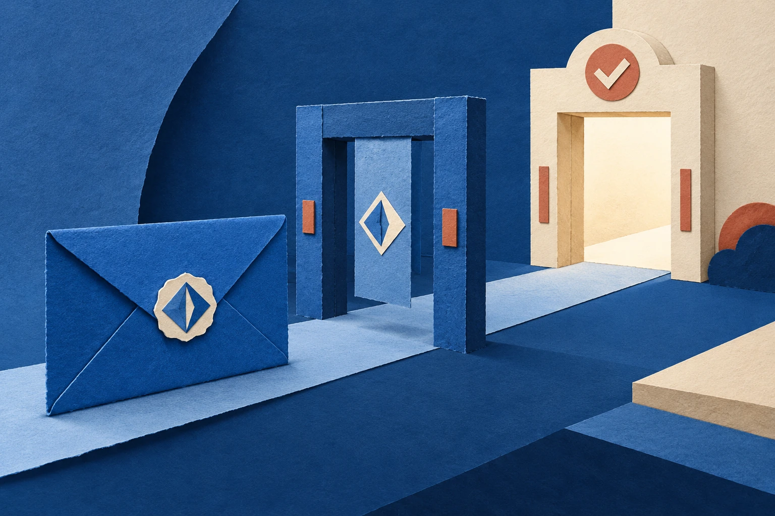 Blue paper envelope with an authentication seal stopped at a separate cream approval doorway.