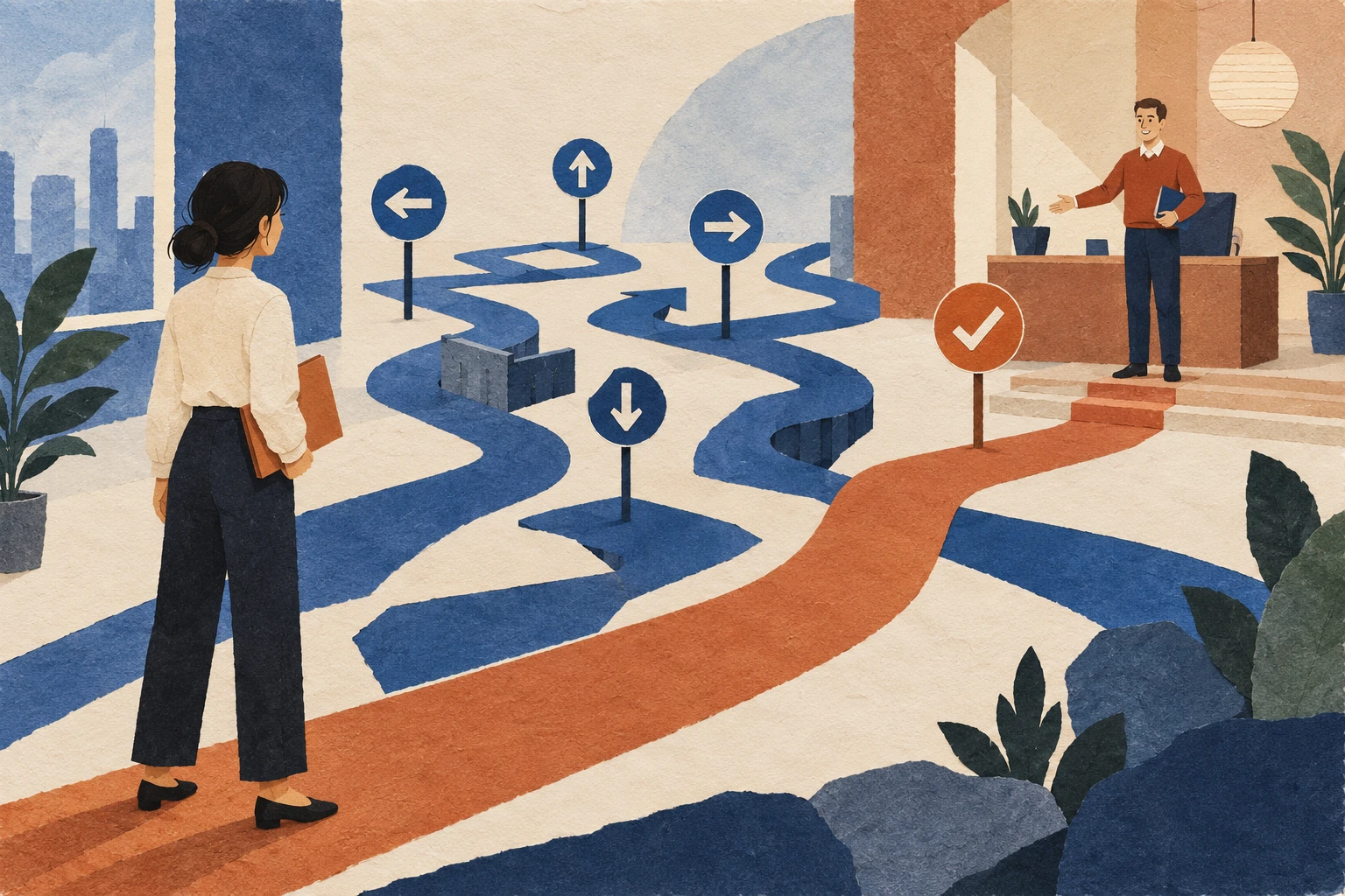 Cobalt paper newcomer at an office map with competing signs and one verified terracotta guide path.