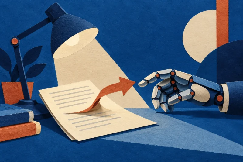 Cobalt paper collage of a document trying to steer a mechanical hand beyond its reading desk.