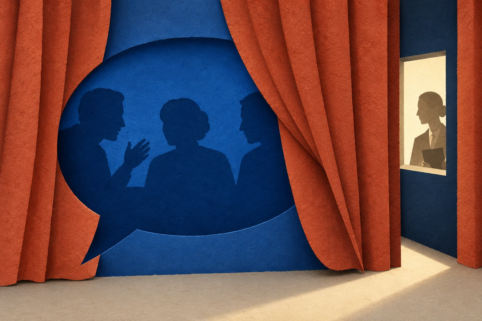 Cobalt paper conversation enclosed by a curtain with one independent witness window left open.