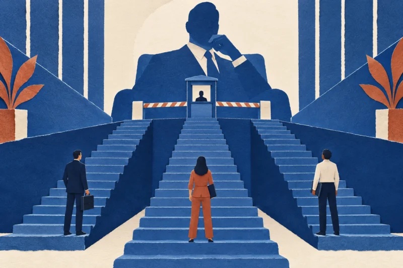 Cobalt paper office staircase with a large executive silhouette and an independent approval gate.