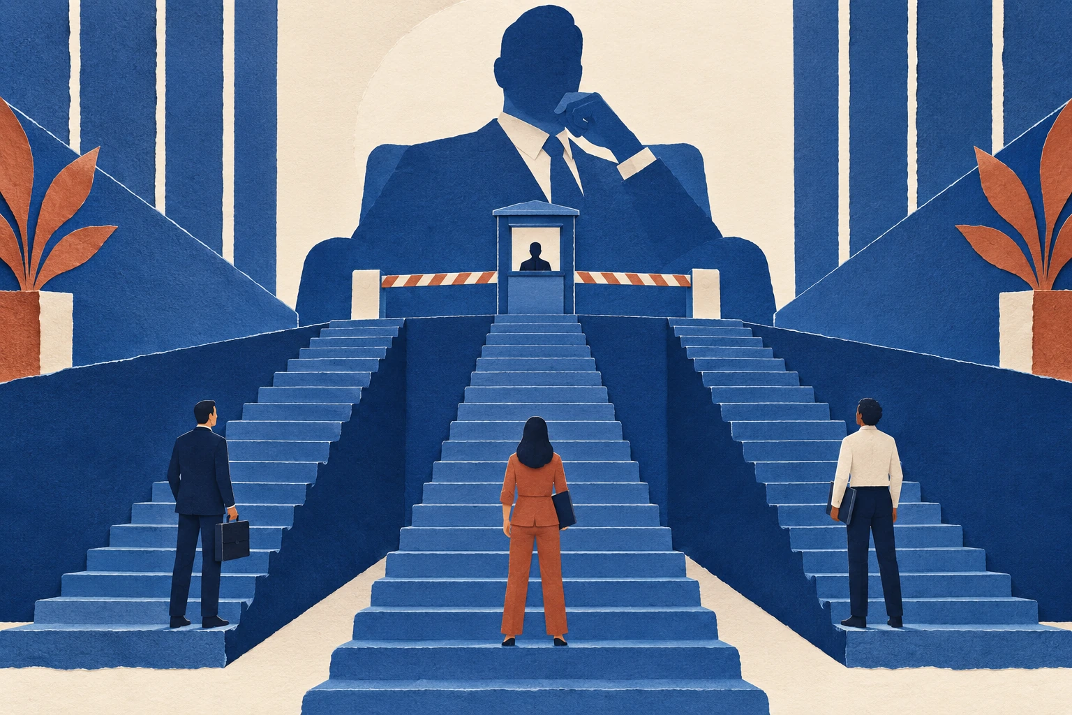 Cobalt paper office staircase with a large executive silhouette and an independent approval gate.