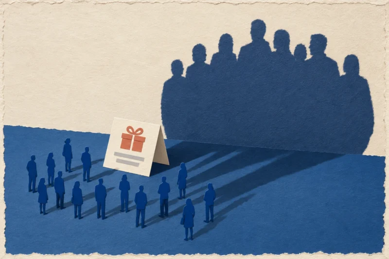 Cobalt cut-paper crowd casting one oversized shadow behind a small unverified offer.