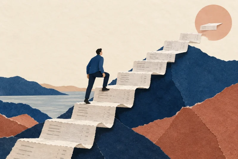 Cobalt and clay paper staircase made of receipts extending one step beyond the person climbing it.