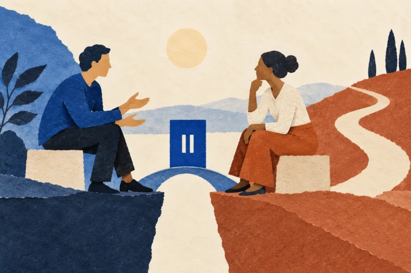 Cobalt paper conversation between two people bridged by a small calm pause card.